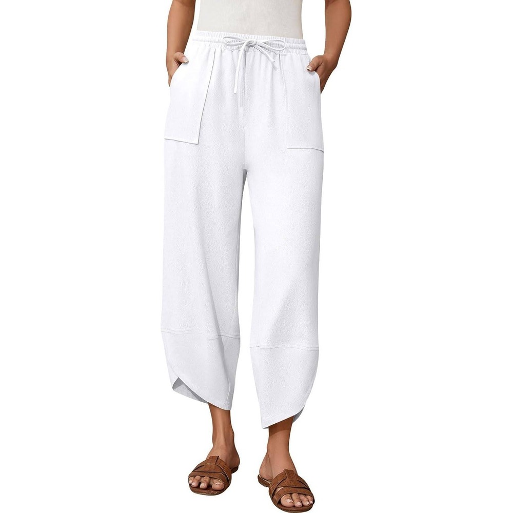 Baggy XL White Barrel Pants Drawstring Elastic Waist Tulip Hem Lagenlook Boho